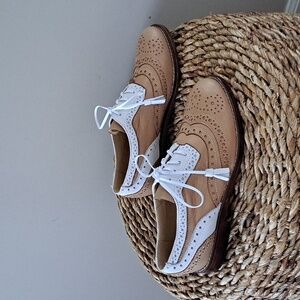 NWOT Girotti Womens‎ Italian Tan/White Leather Wingtip Oxford Shoes EU37US6.5